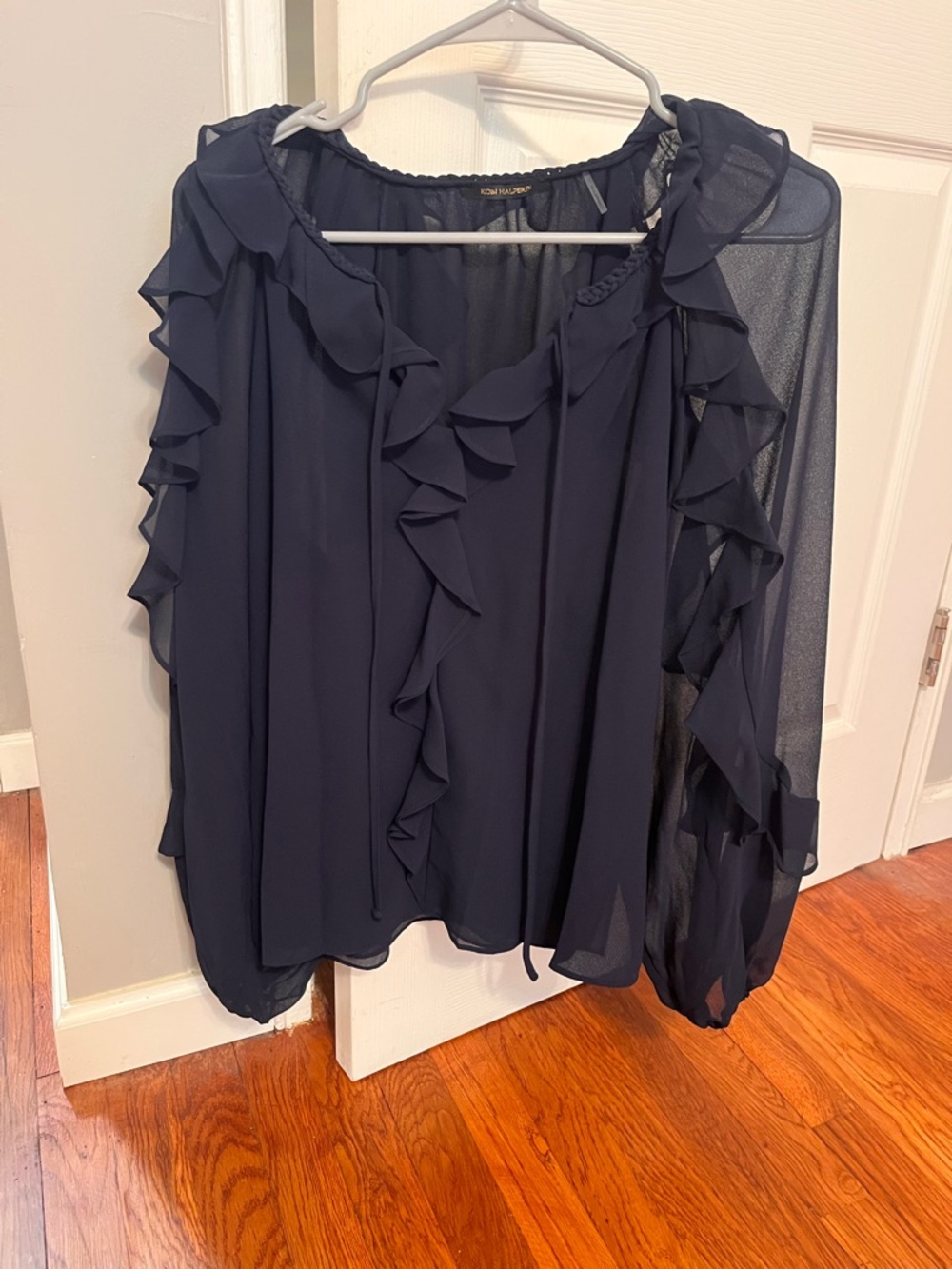 Kobi Halperin Navy Ruffle-Trim Sheer Blouse